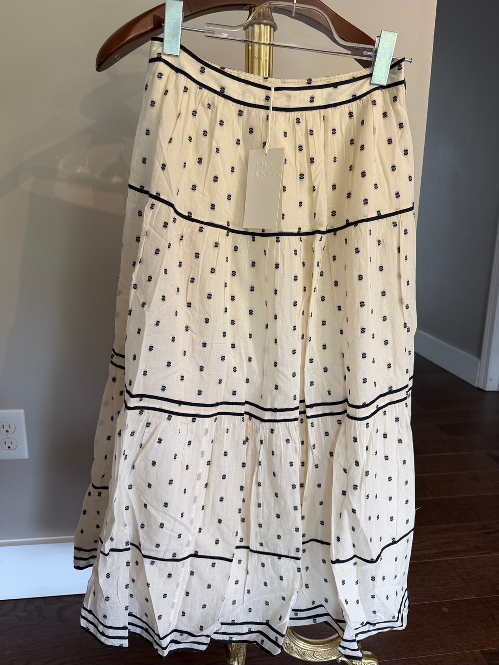 Ulla Johnson Cream Maxi Skirt with Black Dot Trim